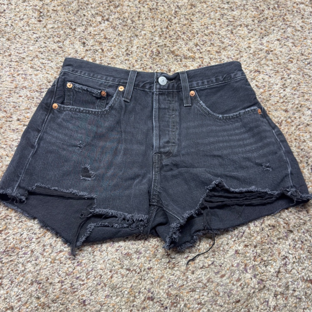 Levis Premium 501 Original Distressed Black Denim Shorts High Rise 27 56327-0123